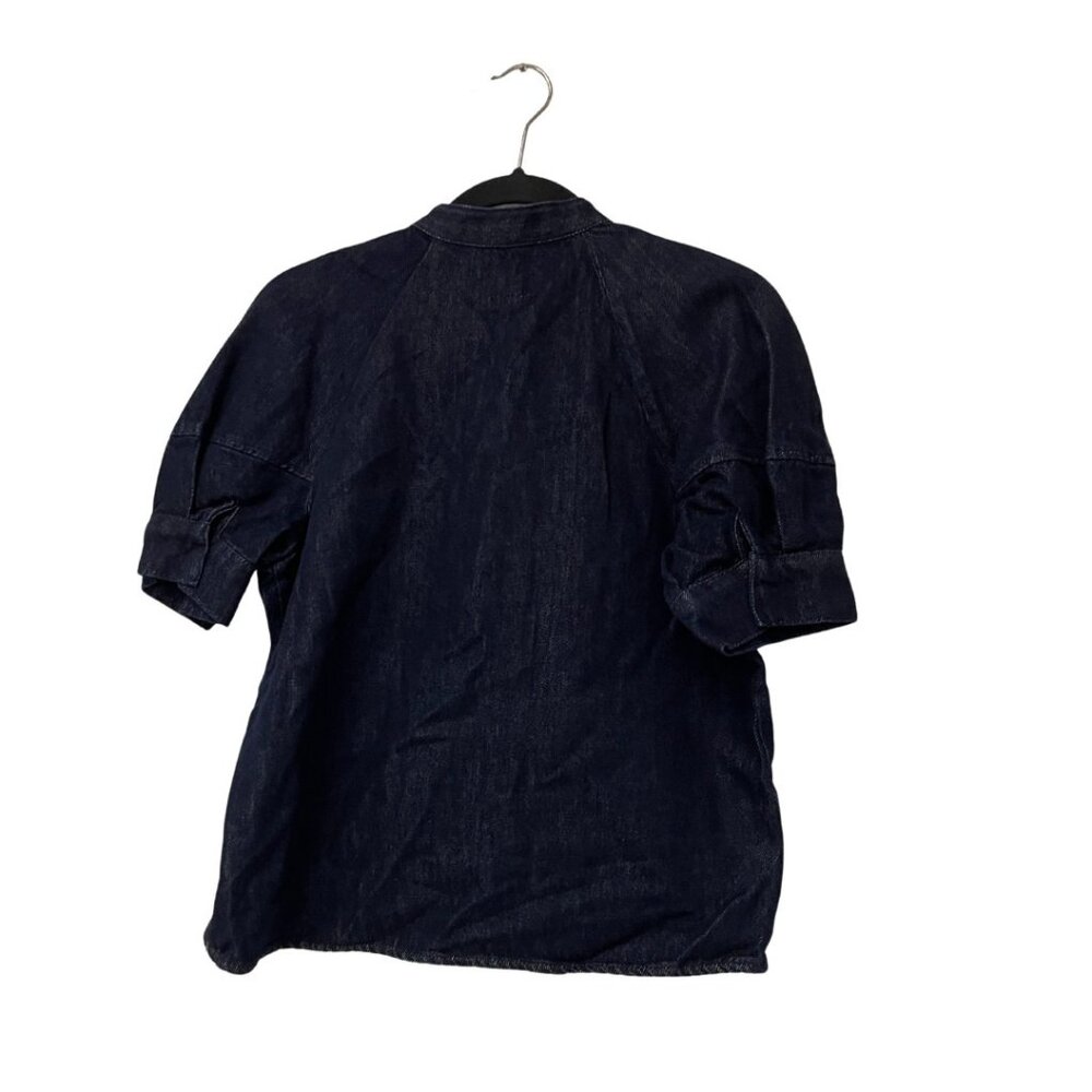 Zara Dark Denim Short Sleeve Tie-Neck Blouse - Picture 6 of 16